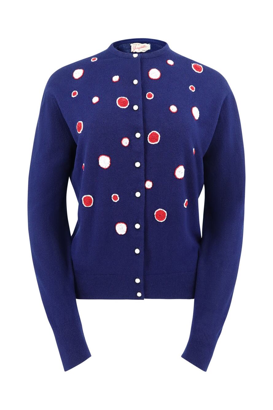Schiaparelli Vintage 1960s Navy Beaded Polka Dot Cardigan
